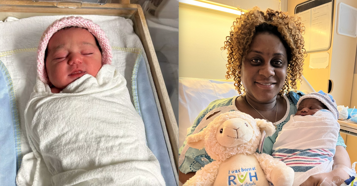 First babies born in 2024 (left) first baby born in Orillia Soldiers’ Memorial Hospital and (right) first baby born in Royal Victoria Regional Health Centre mother Anastasia Danquah with baby Godson.